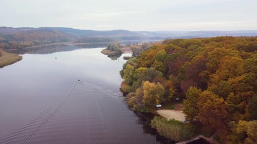 landscape river near the hills. autumn. Aerial view.