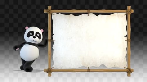 Waving Cartoon Panda Character with Bamboo Frame for Display