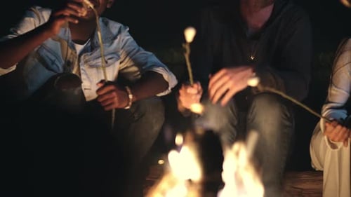 Friends Roasting Marshmallows at Night Around Campfire