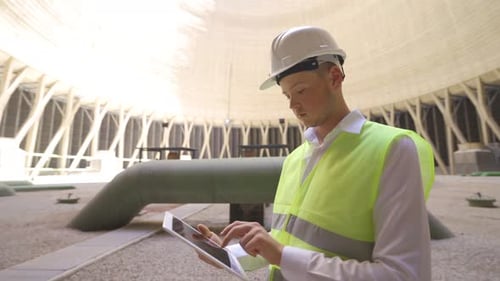 Ingenieur mit weißem Helm arbeitet.