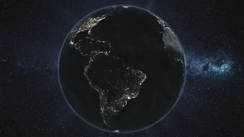 Planet Earth Rotating at Night with City Lights View from Space