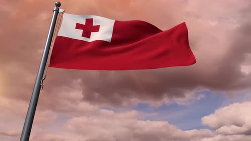 Tonga National Flag Waving in Realistic Cloudy Sky