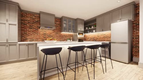 Modern Kitchen Interior with Grey Cabinets and Brick Wall Camera Pan