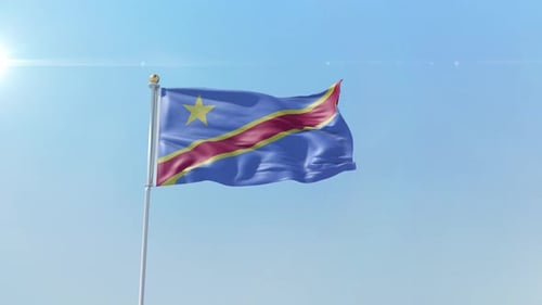 Democratic Republic of Congo Flag Waving in Blue Sky