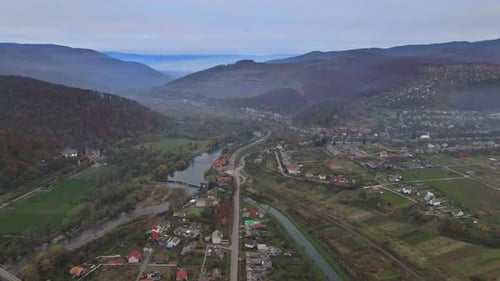 Beautiful Morning Through Mist Forest Mountain Autumn Valley Village Landscape Carpathians Ukraine