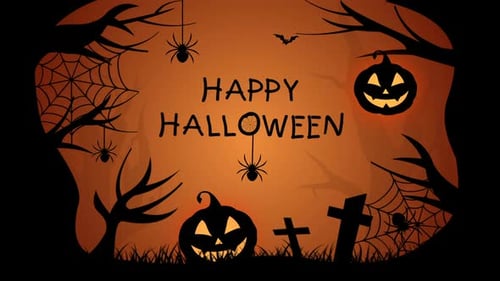 Happy Halloween Animated Title with Spiders, Pumpkins, and Bats