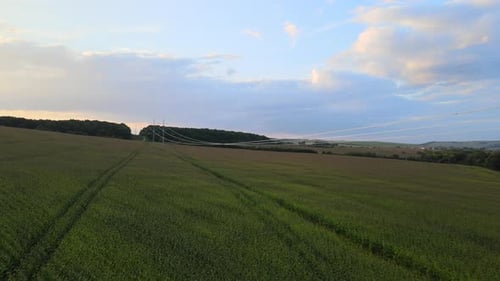 High Voltage Tower with Electric Power Lines Between Green Agricultural Fields