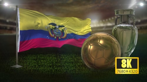 Ecuador Flag with Golden Soccer Ball and Silver Trophy in Stadium