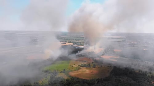 Aerial View of Fire in Wheat Field. Flying Over Smoke Above Agricultural Fields