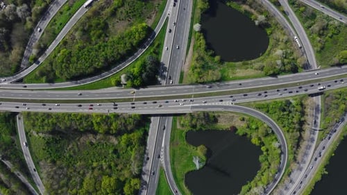 Aerial view of road interchange or highway intersection.