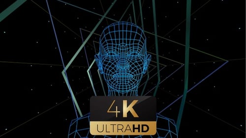 Digital Wireframe Human Bust Rotating in Futuristic Geometric Tunnel