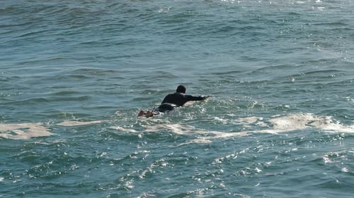 Adult surfer man swimming on board in the ocean.