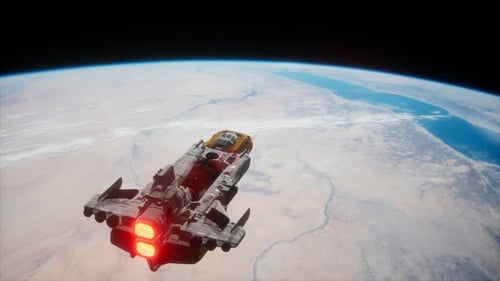 Futuristic Spaceship Orbiting Earth Animation