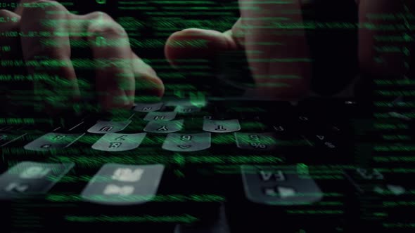 Hands Typing on Keyboard with Green Code Overlay, Technology Stock ...