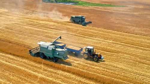 Aerial view of combine drop the grain onto tractor trailer
