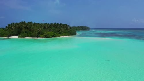 Aerial travel of perfect lagoon beach wildlife by transparent sea and white sandy background of a pi