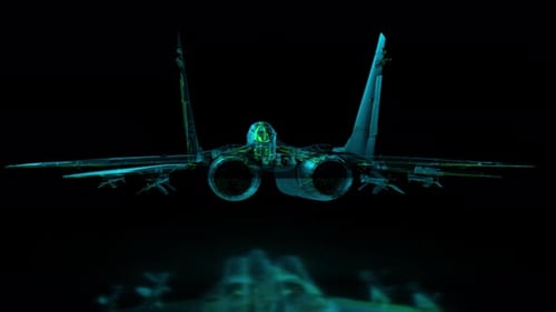 Glowing Futuristic Fighter Jet Hologram Wireframe Reveal