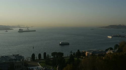 Timelapse. Panoramic Aerial View of Seascape of Bosphorus With Shipping Traffic.
