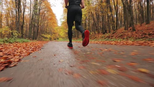 Man Running Through Autumn Forest Road