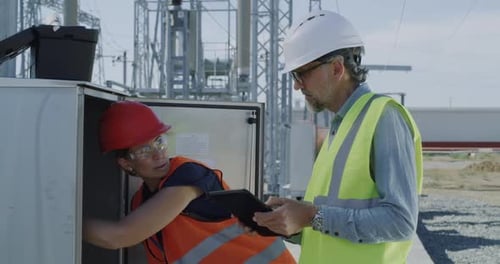 Engineers Checking Transformer Box on Power Plant