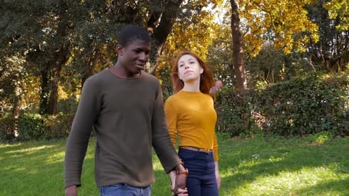 Carefree beautiful young interracial couple walking in the park-slow motion