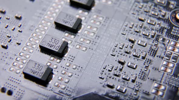 graphics card GPU circuit board, capacitors and fuses, microchip and ...