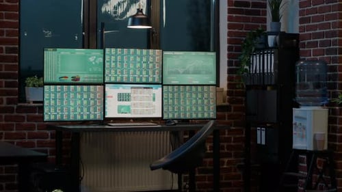 Trading Data Streams in Modern Office at Night