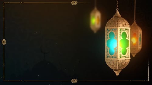 Elegant Ramadan Lanterns and Mosque Silhouette Background