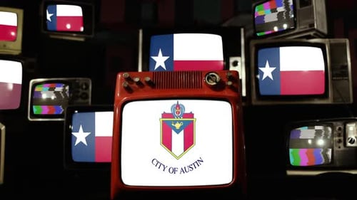 Retro Televisions Displaying Texas and Austin Flags