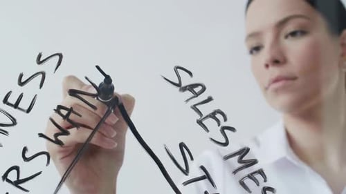 Woman Writing Business Strategy on Glass Wall