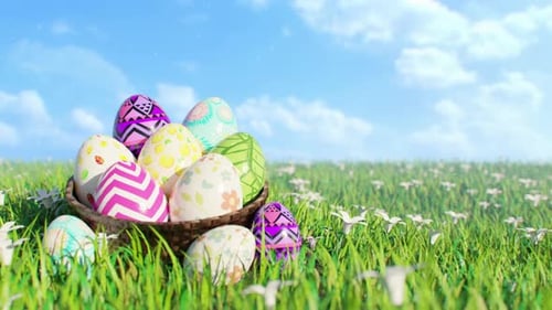 Animated Easter Eggs Basket in a Spring Meadow