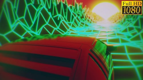 Retro Synthwave Car Driving Through Neon Grid Landscape