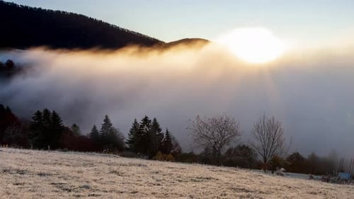 Sun Rises From Behind Mountain Top Fog Moves and Rises Up at Dawn on Summer Morning in Mountains