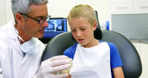 Dentist Showing Young Boy Teeth Model in Office