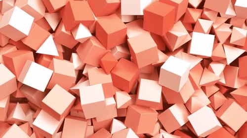 Pan Over a Lot of Geometric Objects Pyramids and Boxes in Calming Coral Color