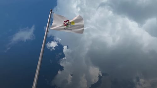 Realistic Waving Illinois State Flag Against Cloudy Sky