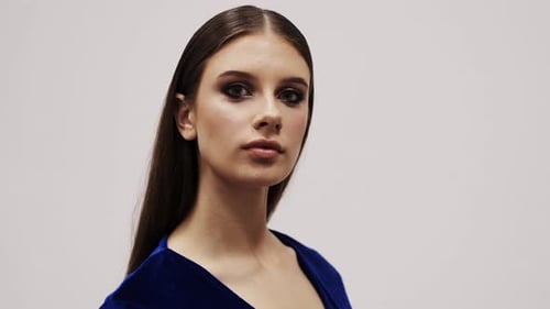 Portrait Beautiful Woman. Girl Look Camera Smile Face Close Up White Background