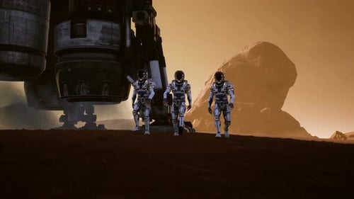 Astronauts Walking on Alien Planet Surface with Spaceship