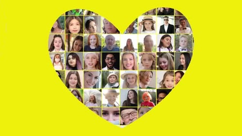 Heart Collage of Diverse Faces on Yellow Background