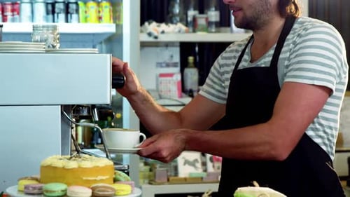 Smiling Barista Holding Coffee Cup in Urban Cafe