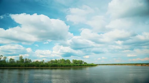 River Landscape In Sunny Spring Day Timelapse View