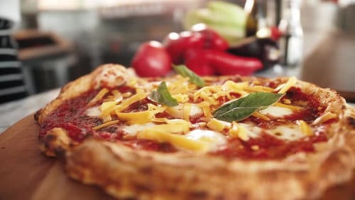 Italian Chef Making Margaritta Pizza with Tomato Sause and Mozzarella Traditional Food in Italy High