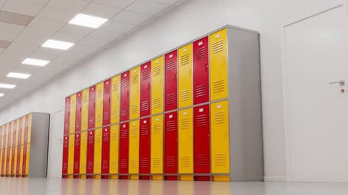 Seamless looping animation of a bright school hallway. Endless rows of lockers.