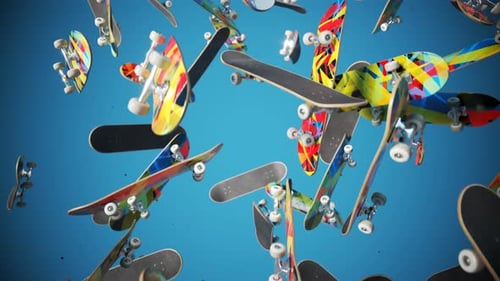 Dynamic Floating Skateboards with Abstract Patterns Motion Graphics