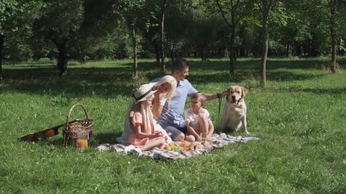 Family Enjoying Picnic with Dog in Park on Sunny Day