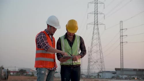 Engineers Reviewing a Tablet near Electrical Towers