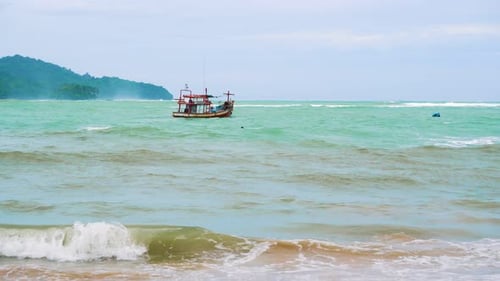 Fishing Motor Boat at Sea, Strong Waves and Wind Storm