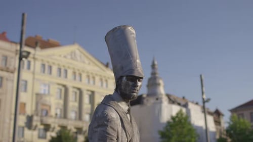 Silver living statue performer