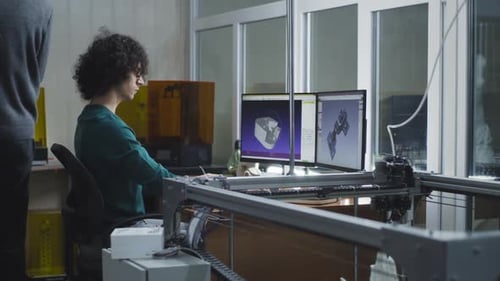 Junger Designer erstellt 3D-Modell in der Nähe von Kollegen