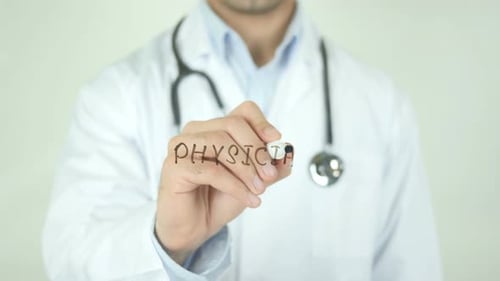 Medical Professional Writing Physician on Screen